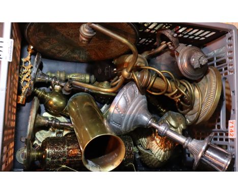 Box of mixed metalware, candlestick holder, shell case, Martin Gale etc. Not available for in-house P&amp;P, contact Paul O'H