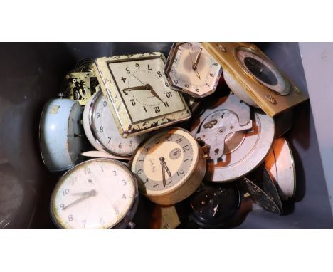 Box of mixed vintage clocks and clock parts, all A/F. Not available for in-house P&amp;P, contact Paul O'Hea at Mailboxes on 