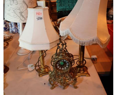 Two modern brass table lamps and a brass ornate clock. Not available for in-house P&P, contact Paul O'Hea at Mailboxes on 019