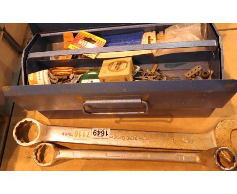 Large 46 mm King Dick ring spanner and a large King Dick 30/36 mm ring spanner and a small Ital tool box with contents. Not a