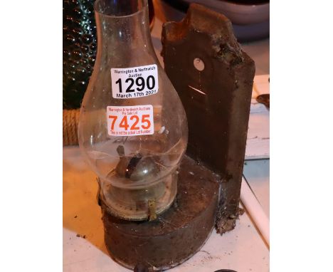 Original metal wall hanging oil lamp with glass chimney. Not available for in-house P&amp;P, contact Paul O'Hea at Mailboxes 