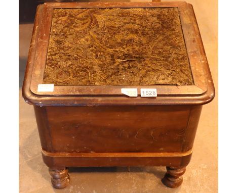 Antique lidded upholstered commode, lacking pan. Not available for in-house P&amp;P, contact Paul O'Hea at Mailboxes on 01925