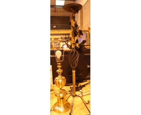 Brass table lamp and ornate bamboo wrought iron candle stand, 105 cm. Not available for in-house P&amp;P, contact Paul O'Hea 