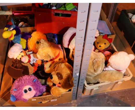 Two boxes of soft toys, mostly teddies, including a Build a Bear, Emily doll and Tigger chef. Not available for in-house P&am