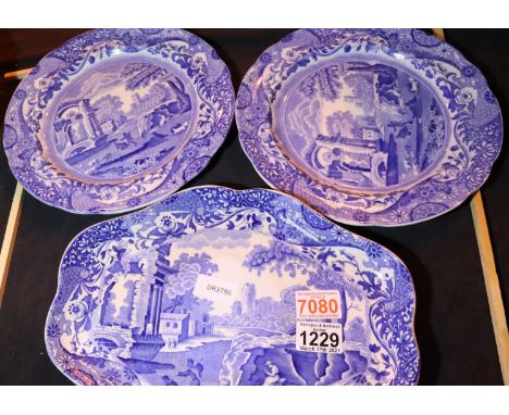 Two Copeland Spode Italian garden dinner plates and a Copeland late Spode scalloped dish. Not available for in-house P&amp;P,