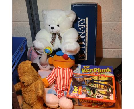 Shelf of teddies and games including Pictionary and Kerplunk. Not available for in-house P&amp;P, contact Paul O'Hea at Mailb