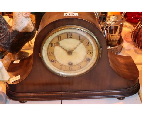 Large Westminster chime oak cased mantel clock with key and pendulum. Not available for in-house P&amp;P, contact Paul O'Hea 