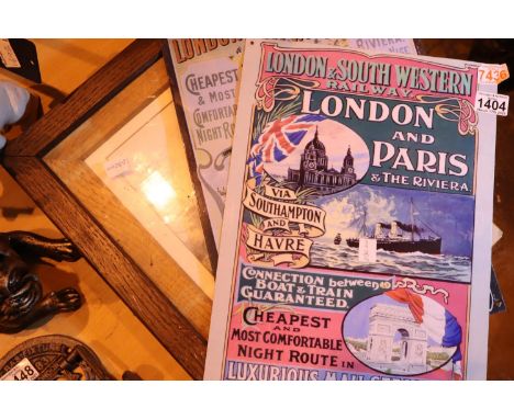 Two reproduction tin railway advertising signs and an antique framed print. Not available for in-house P&amp;P, contact Paul 