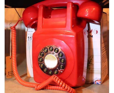 Red GPO746 Retro push button wall mounted telephone, replica of the 1970s GPO746 classic, compatible with modern telephone ba