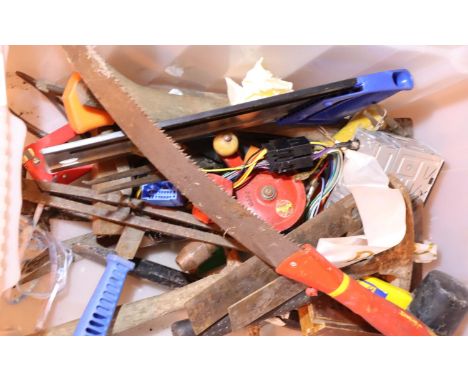 Box containing a selection of tools including vintage set squares axe, mallet etc. Not available for in-house P&amp;P, contac