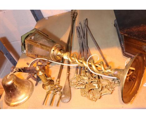 Shelf of mixed brass and metalware including meat skewers, brass bell etc. Not available for in-house P&amp;P, contact Paul O