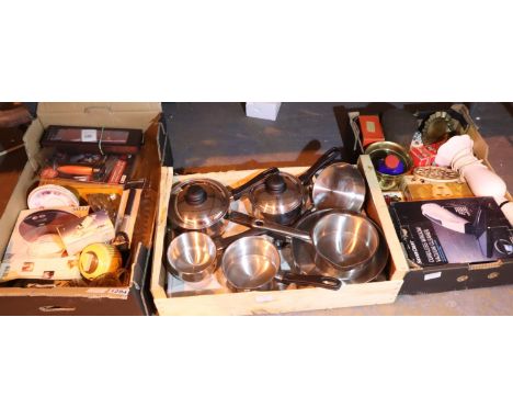 Three boxes of mixed items including kitchenware, lamp etc. Not available for in-house P&amp;P, contact Paul O'Hea at Mailbox