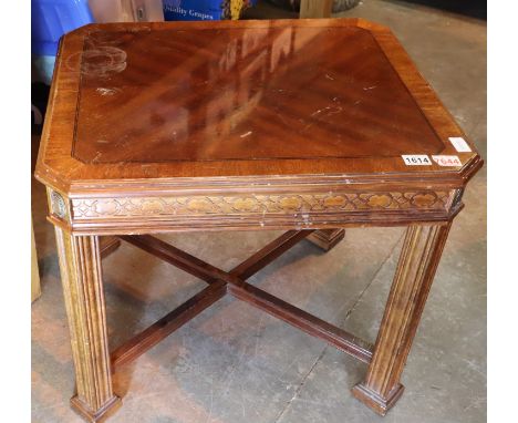 Mahogany quarter veneered lamp table, 67 x 57 x 57 cm H. Not available for in-house P&amp;P, contact Paul O'Hea at Mailboxes 