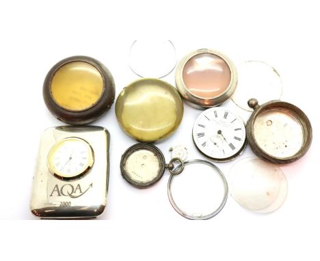 Hallmarked silver pocket watch case, protective cases and a clock. P&amp;P Group 1 (£14+VAT for the first lot and £1+VAT for 