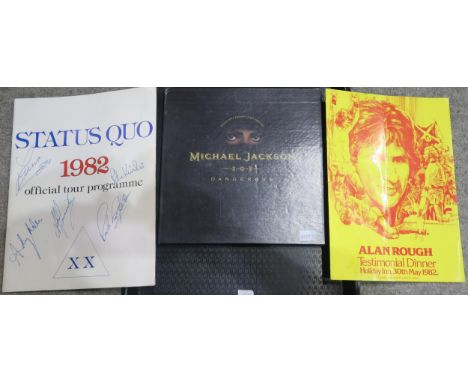 Memorabilia comprising a signed Status Quo 1982 Official Tour programme, signed Alan Rough 1982 Testimonial Dinner menu and M