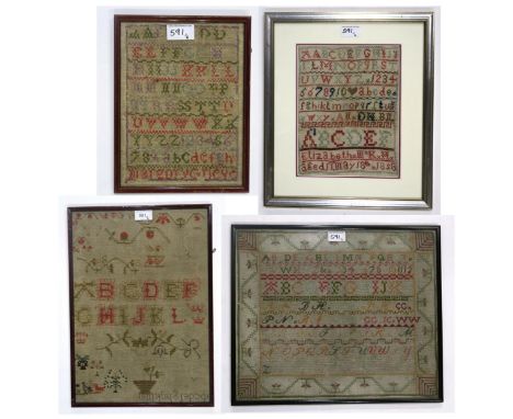 Four 19th century needlework samplers, to include an example executed by Elizabeth McK. M., aged 11, May 18th 1858, all frame
