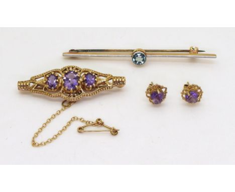A 9ct gold Victorian style Amethyst brooch, together with matching stud earrings, weight 6.4gms, together with a yellow metal