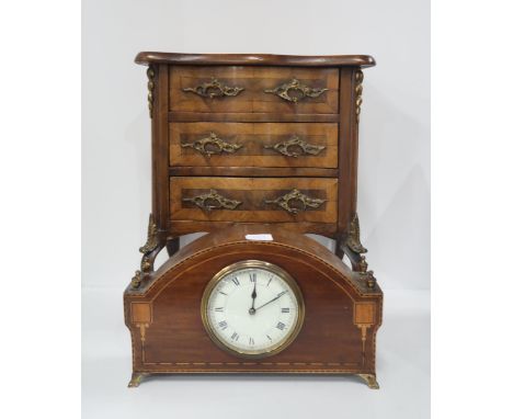 An apprentice piece chest on stand with ormolu mounts, together with a French inlaid mantle clock Condition Report:Available 