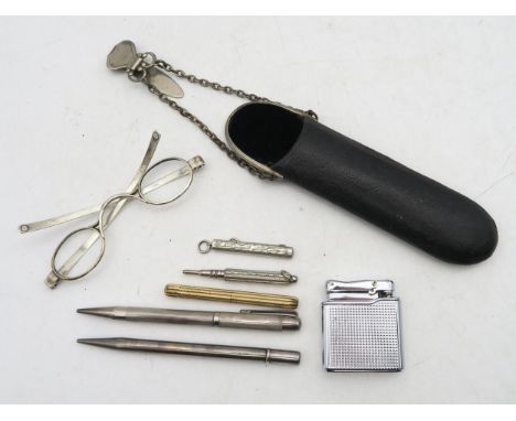 A small selection of propelling pencils, to include two London silver examples, small folding button hook, Colibri MonoGas ci