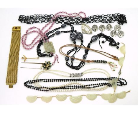 A collection of vintage costume jewellery to include a black &amp; white Murano millefiori bead necklace, a hair fob chain, t