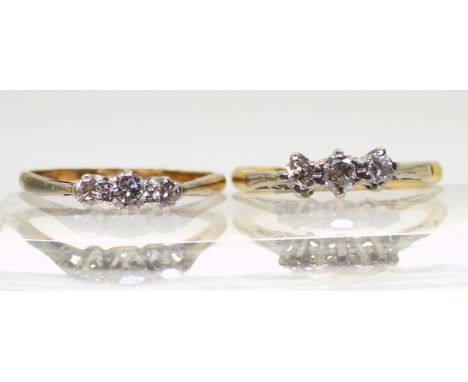 An 18ct gold three-stone diamond ring, set with estimated&nbsp;approx 0.15cts of brilliant cut diamonds, size L1/2,&nbsp;toge