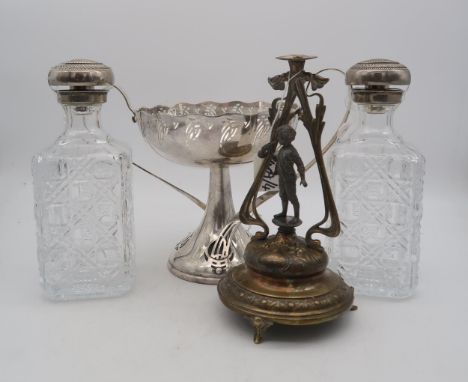 A WMF secessionist twin-handled fruit bowl, with sinuous openwork and handles, a WMF centrepiece modelled as a boy playing a 