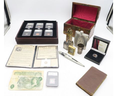 Mixed collectables, to include a walnut-veneered dome-top casket, Dunhill and Parker Beacon cigarette lighters, assorted coin