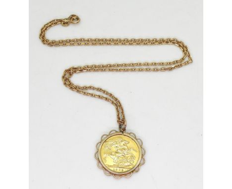 A 1909 gold full sovereign in a 9ct gold pendant mount with a 50cm 9ct gold diamond cut belcher chain, weight together 16.4gm