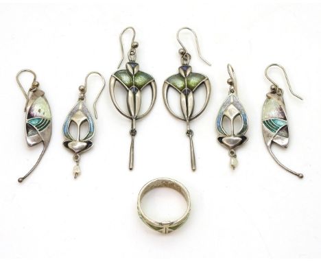 A silver Pat Cheney enamel ring, size R, together with three pairs of silver &amp; enamel earrings probably by&nbsp;Pat Chene