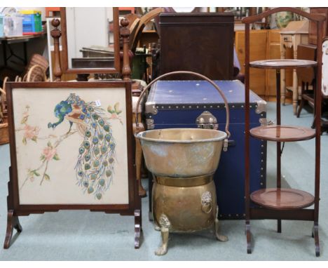 A lot comprising three tier folding cake stand, tapestry fire screen, brass coal bucket and jelly pan (4) Condition Report:Av