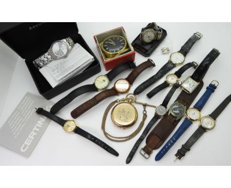 A gold plated The Angus pocket watch, a retro Swiza alarm clock, an Accurist watch, a ladies Certina and other examples Condi