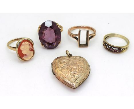 Four gem set rings and a locket to include, a 9ct faux amethyst size J1/2, weight all together 18.6gms Condition Report:9ct r