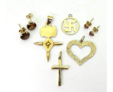 A yellow metal Tuareg style cross,18ct gold cross, weight together 6.1gms, a 9ct gold heart shaped pendant, swastika, a pair 