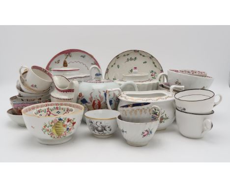 A collection of New Hall porcelain including a silver shaped teapot and stand, a London shaped sucrier, a helmet shaped jug, 