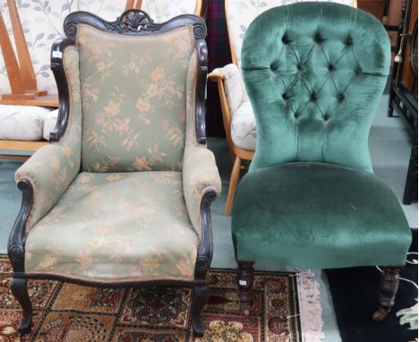 A lot comprising Victorian button back nursing chair, 97cm high x 59cm wide x 66cm deep and a Victorian ebonised framed armch