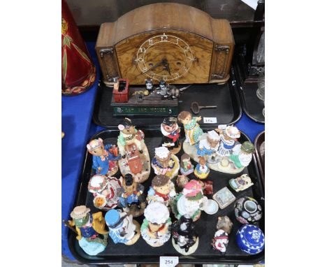 A reproduction cat and mouse money box, a wooden mantle clock, together with Tales of Honeysuckle Hill figures etc Condition 