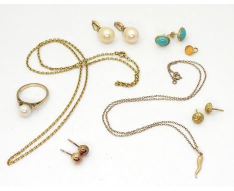 A collection of gold and yellow metal to include a pearl set ring, size M, a 9ct gold horn of plenty pendant and chain, a fur