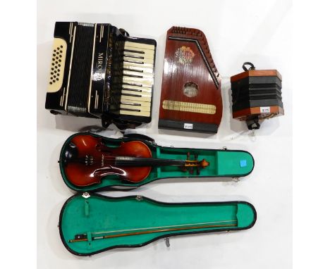 A lot comprising an Anglo-German concertina 11 bellows 26 button and a Mirotti 24 bass 25 key piano accordion with case toget