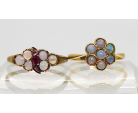 A 9ct gold Opal flower cluster ring, size M1/2, together with a yellow metal Opal and Ruby ring, size M1/2, weight 3.6gms Con