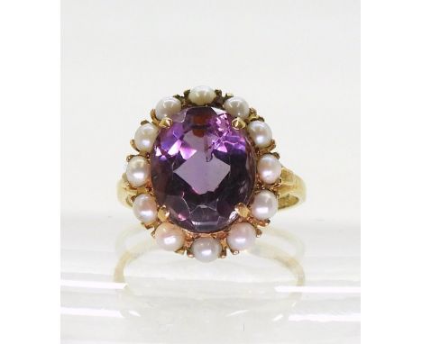 A 9ct gold amethyst and pearl cluster ring, finger size P1/2, weight 4.5gms Condition Report:Available upon request