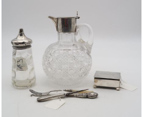 A collection of silver including a silver mounted cut crystal claret jug, by William Hutton &amp; Sons, London 1896, of spher