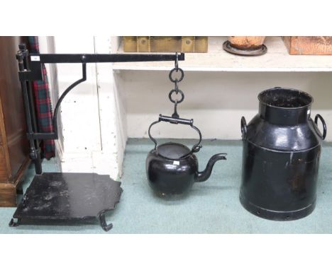 A lot of a 17th/18th century wrought iron fireplace crane with chain, hook and kettle and a painted milk can Condition Report