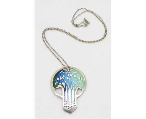 A Norman Grant silver enamelled trees pendant, hallmarked Edinburgh 1981, length of pendant 4.3cm, length of chain 41cm. Cond