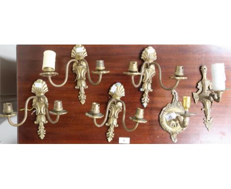 A lot comprising set of four two branch brass wall sconces, a further two assorted wall sconces and a three branch chandelier
