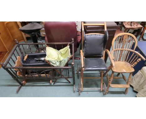 A lot comprising 19th century rocking crib, child's rocking cradle, child's pram, sewing hamper, highchair and a beech Winsor
