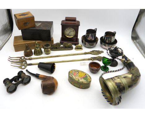A mixed lot to include an Ancient Order of Foresters hunting horn, small bronzed incense burner, green glass eye bath, small 