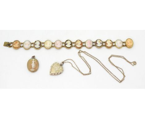 A yellow metal mounted cameo specimen bracelet, a cameo pendant and a yellow metal heart shaped locket and chain, weight all 