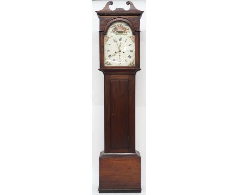 A 19TH CENTURY MAHOGANY CASED WM COOPER, OF HAMILTON LONGCASE CLOCK  with floral painted face, 51cm high x 36cm wide with whi