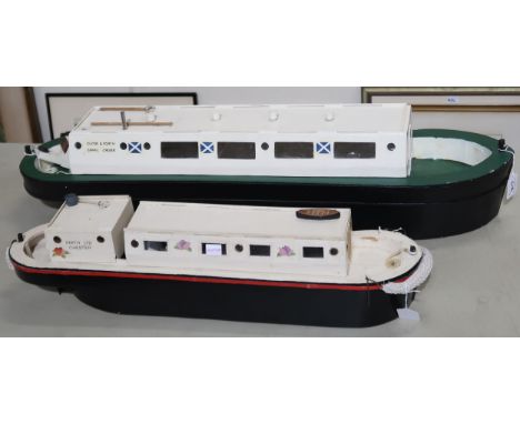 Two R/C pond canal barges/longboats, the larger "Forth &amp; Clyde Canal Cruise" measuring approx. 93cm from prow to stern, t