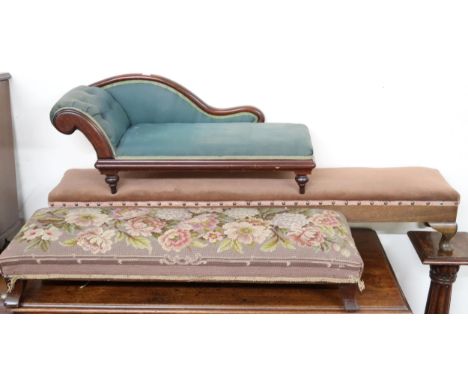A lot comprising tapestry upholstered footstool, 16cm high x 92cm wide x 30cm deep, another upholstered stool, 20cm high x 12
